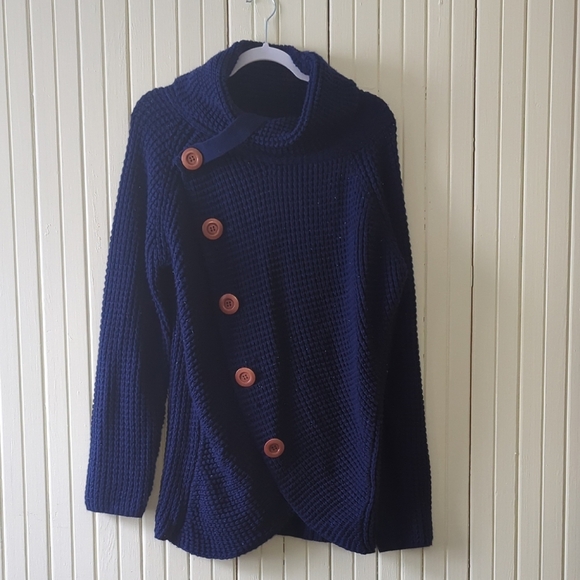 Fishermancore Cable Knit Asymmetrical Cowl Neck Blue Sweater Gracerelle Size XL - Picture 1 of 6